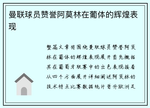 曼联球员赞誉阿莫林在葡体的辉煌表现