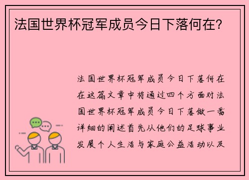 法国世界杯冠军成员今日下落何在? 法国世界杯冠军成员今日下落何在?
